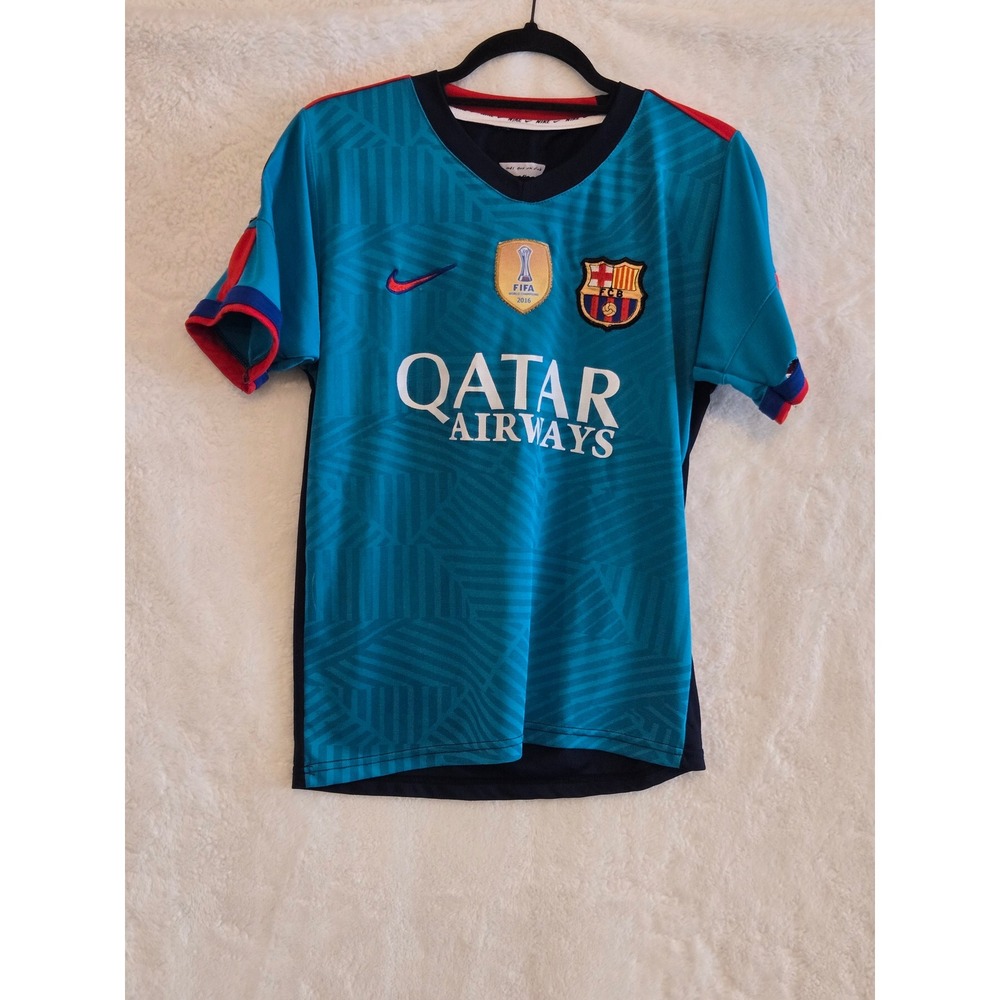 Nike FC Barcelona Luis Suarez 9 Jersey 2015-16 Third Teal Mens Small FIFA Patch